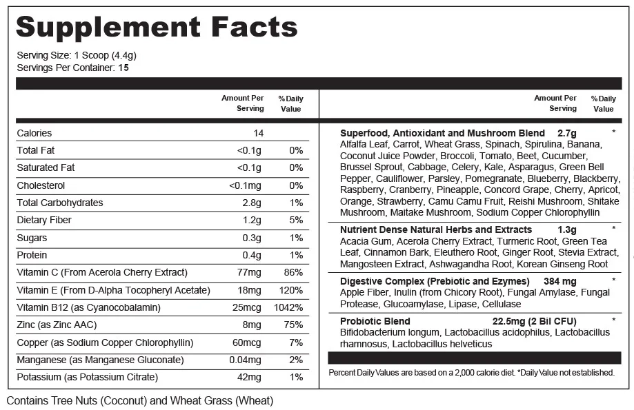Items Shore 1 Travel Size Greens Nutrition Powder ingredients