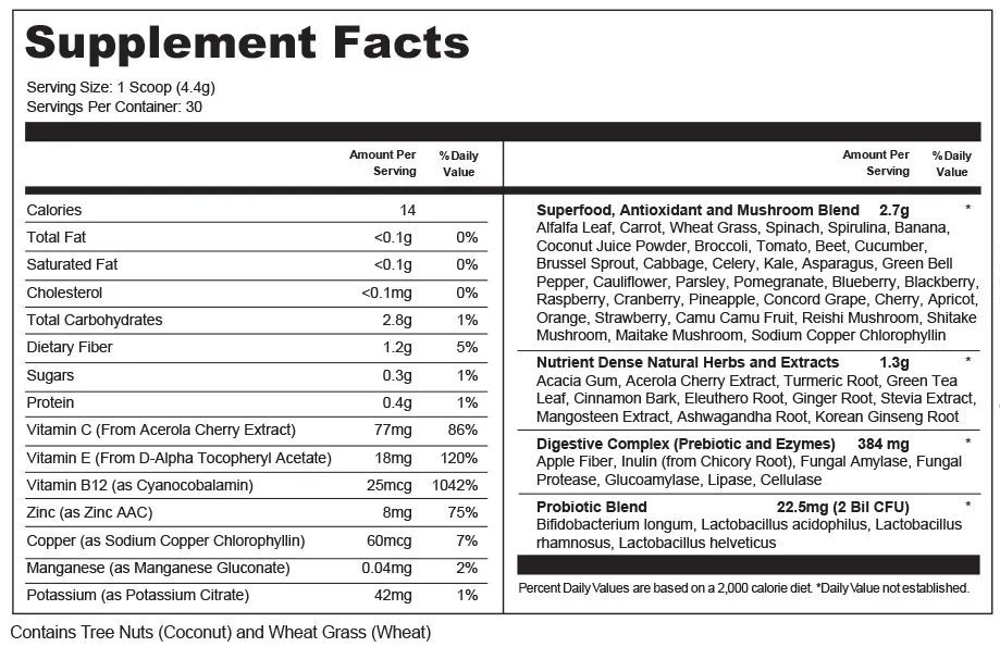 Items Shore 1 Greens Nutrition Powder ingredients