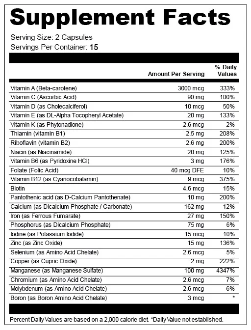 Items Shore 1 Travel Size Multi Vitamin ingredients